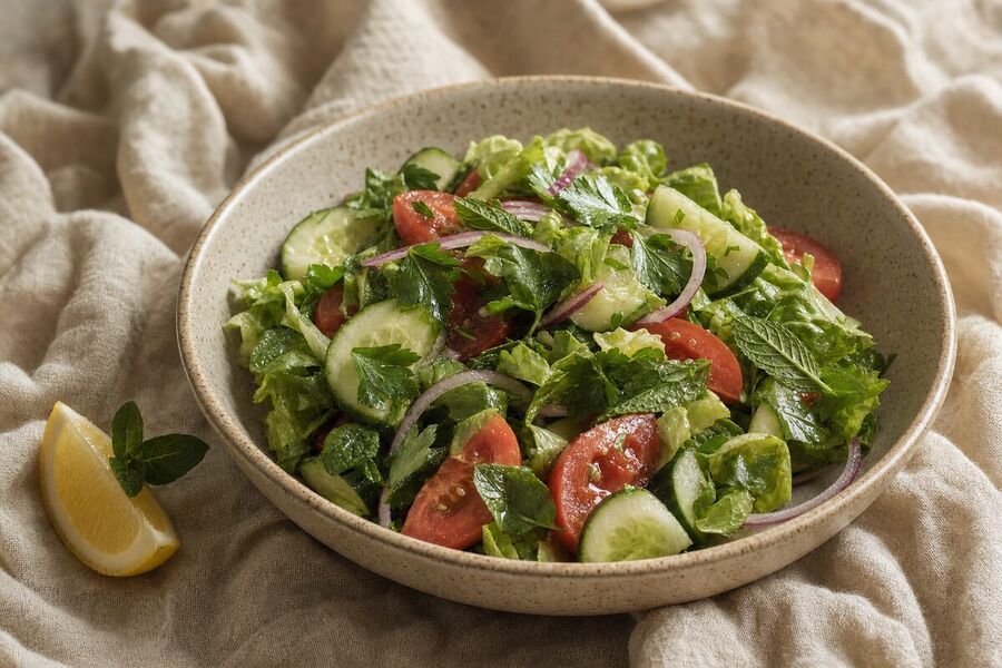 A deep speckled bowl piled with a chunky salad of torn romaine, tomato wedges, thick cucumber slices, thin red onion rings and whole parsley and mint leaves, glossy with lemon and olive oil, a lemon wedge and mint sprig on the linen alongside.