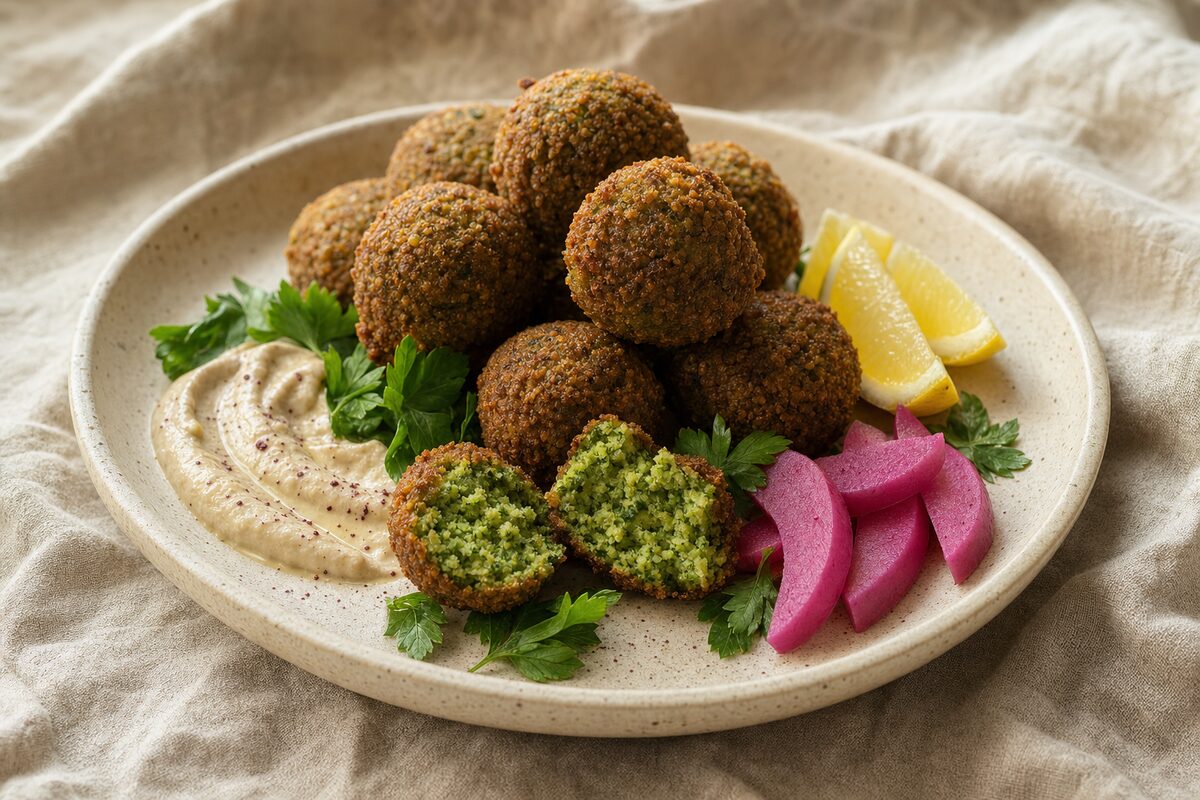 A speckled cream plate piled with craggy golden-brown falafel, two broken open at the front showing bright green herby centres, next to a swoosh of tahini dusted with sumac, pink pickled turnip, parsley and two lemon wedges.